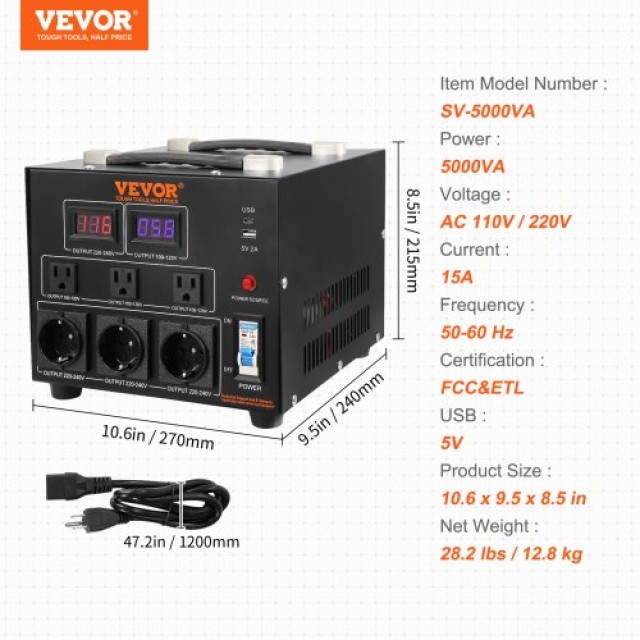 Μετασχηματιστής Τάσης VEVOR 5000W, Βαρέως Τύπου, CE Πιστοποιημένος ...