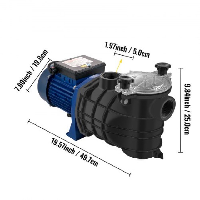 VEVOR Αντλία Πισίνας 1 HP, 15000 L/h 750W με Καλάθι Φίλτρου για Καθαρό Νερό Πισίνας, Είσοδος/Έξοδος 1.97 με 2 Σωλήνες Σύνδεσης. YBOCHCP75045NTEHDV2