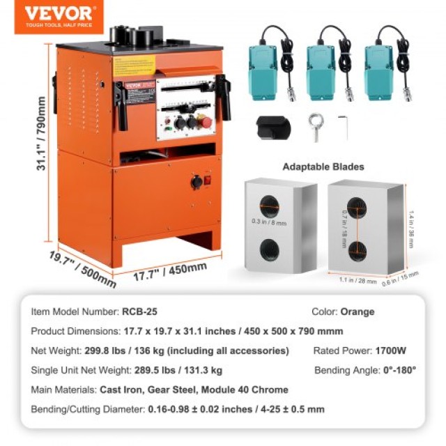 VEVOR  Ηλεκτρική Διπλή Μηχανή Κάμψης Οπλισμού 1700W 3 Γωνίες έως 1 ...