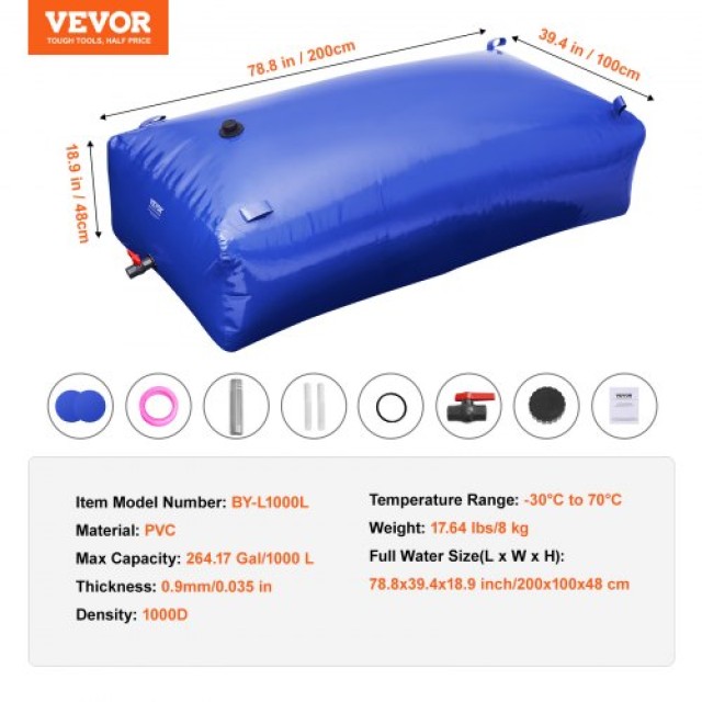 VEVOR Φορητή Δεξαμενή Νερού 1000D PVC 1000L Συμπτυσσόμενη  CSDLSPVC...