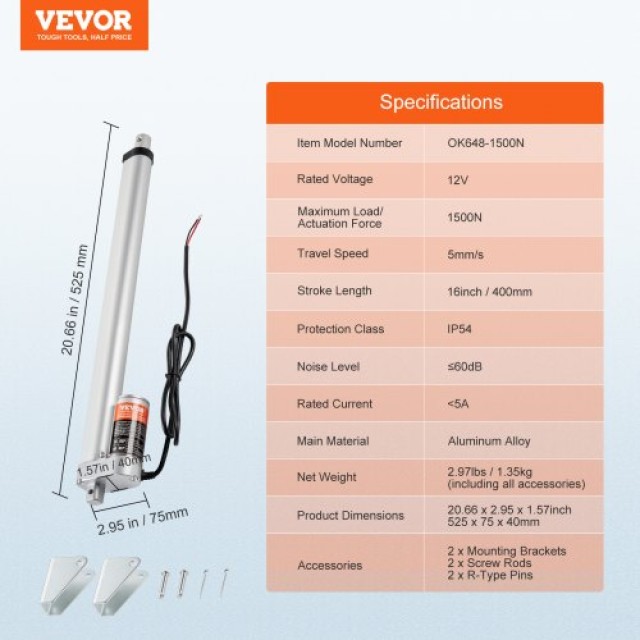 VEVOR Γραμμικός Ενεργοποιητής 12V 16 Υψηλού Φορτίου 1500N 0.19/s IP54 JQXXXZXQ16INPEF0EV9