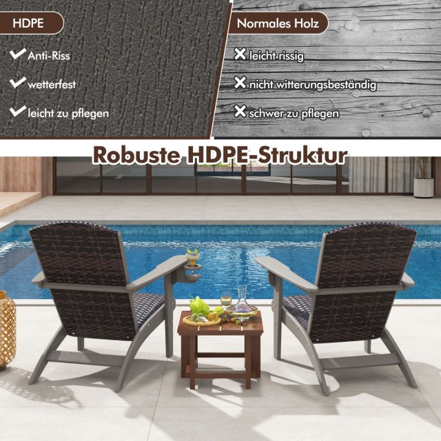 Costway Καρέκλα Adirondack με Θήκη Ποτηριού 92 x 76 x 100 εκ. από HDPE & Ρατάν Γκρι NP11918GR