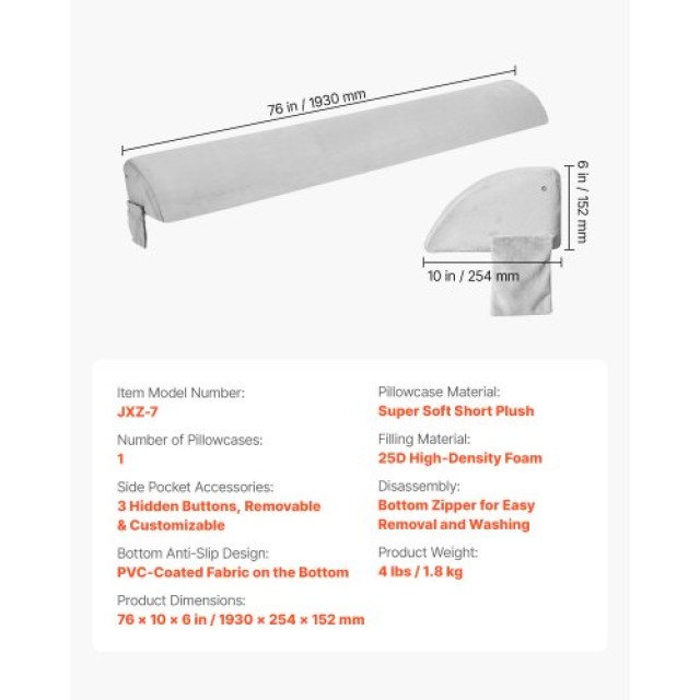 VEVOR Μαξιλάρι Σφήνα Κρεβατιού 76x10x6 για Κενό 0-7 JXZ76610INCHR73ST002V0