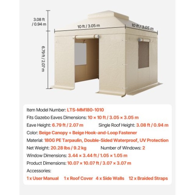 VEVOR Κάλυμμα Χειμερινό για Γκαζέμπο 3.05x3.05 m με Πλευρικά & Τζάμ...