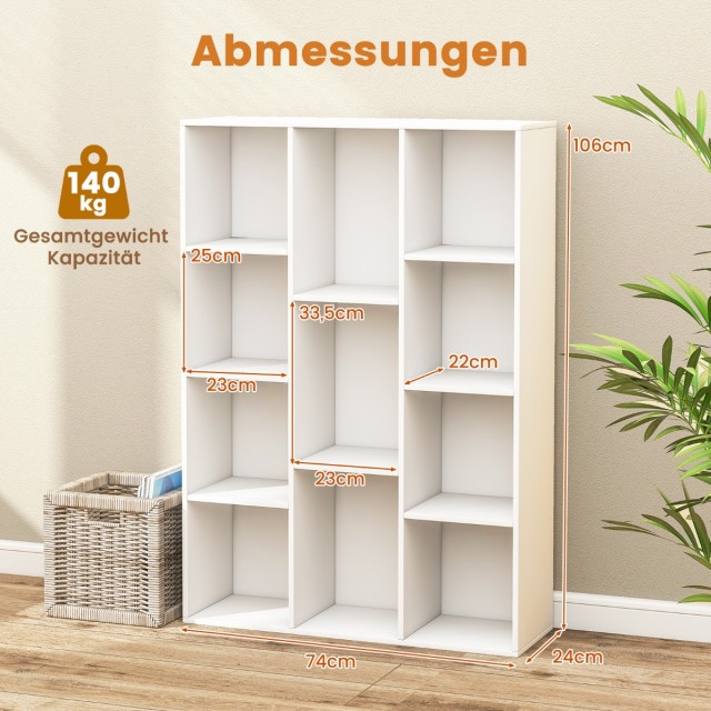Costway Ράφι βιβλιοθήκης με 11 θέσεις Λευκό 74 x 24 x 106 cm CB10703WH