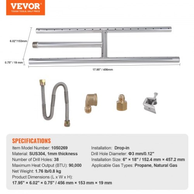 VEVOR Ενθετή Εστία 6x18, Ανοξείδωτος Καυστήρας 90,000 BTU για Εσωτερική/Εξωτερική Χρήση  RSQZJ6X18YCJLLVMMV0
