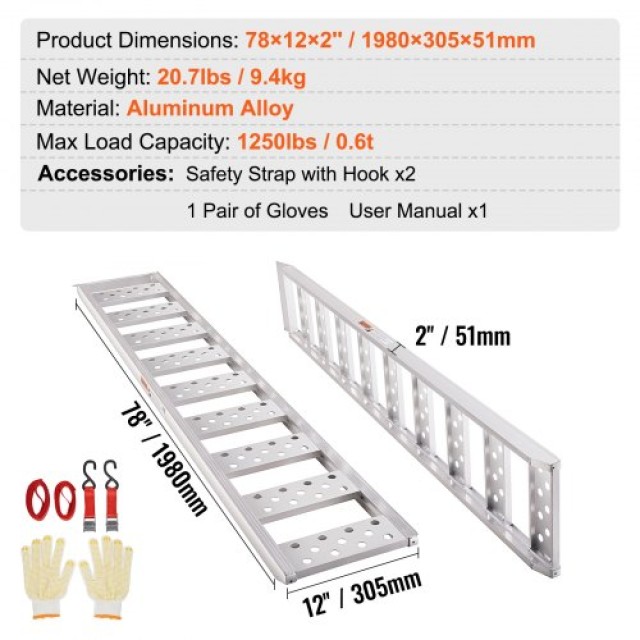 Ράμπες Αλουμινίου VEVOR, 1250lbs, 78x12, Σετ 2τμχ  ZZZ12502781222T17V0