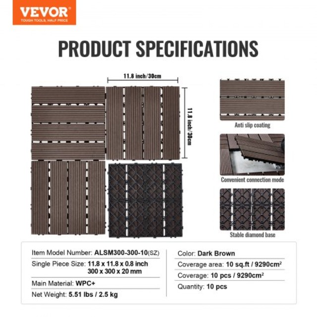 VEVOR  Πλαστικά Ξύλινα Πλακίδια Δαπέδου 10τμχ 12x12 Αδιάβροχα για Βεράντα HDDBSM4TBTSZTBIKVV0