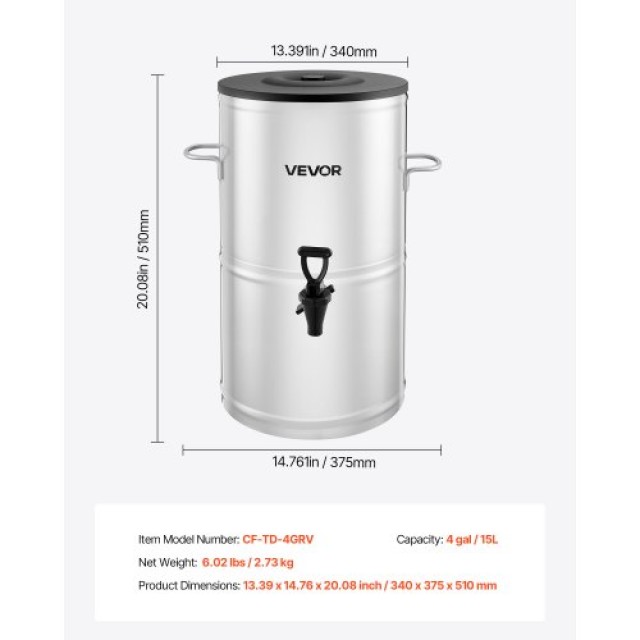 VEVOR Διανομέας Παγωμένου Τσαγιού 4 Γαλόνια/15L από Ανοξείδωτο Ατσά...