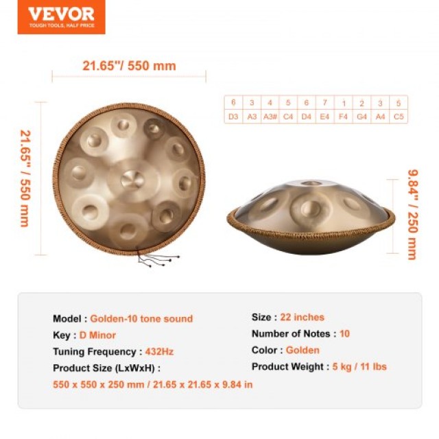 VEVOR Χειροποίητο Τύμπανο 22 με 10 Νότες σε Ρε Ελάσσονα με Μπαγκέτα...