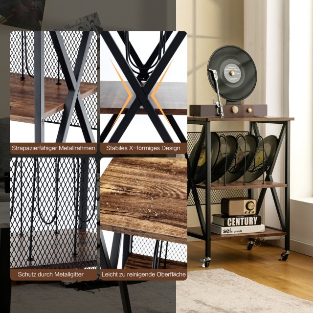 Costway Τροχήλατη Καφέ Ραφιέρα 3 Επιπέδων 52x45x75 cm JZ10096CF