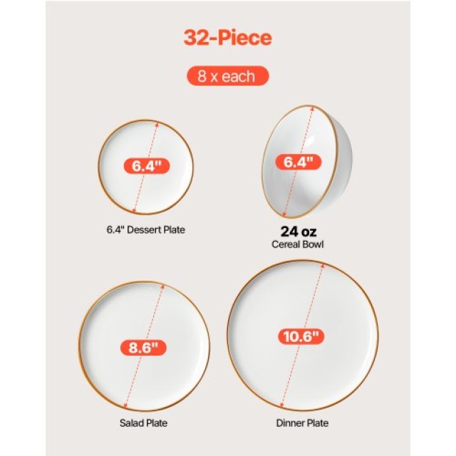 VEVOR Σετ Κεραμικών Πιάτων και Μπολ 32 Τεμαχίων για 8 Άτομα Λευκό Y...