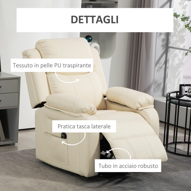 HOMCOM  Πολυθρόνα Ανυψωτική Ανακλινόμενη έως 160° με Υποπόδιο και Τηλεχειριστήριο, από Δέρμα PU και Ατσάλι, 76x90x105 εκ., Κρέμα  713-092V90CW