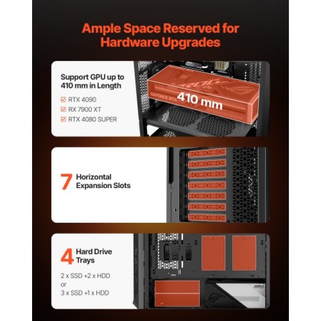VEVOR Πύργος Υπολογιστή Gaming με 3 x140mm PWM Ανεμιστήρες για E-ATX Μητρική DNJXQT140MMPDHRHW001V9