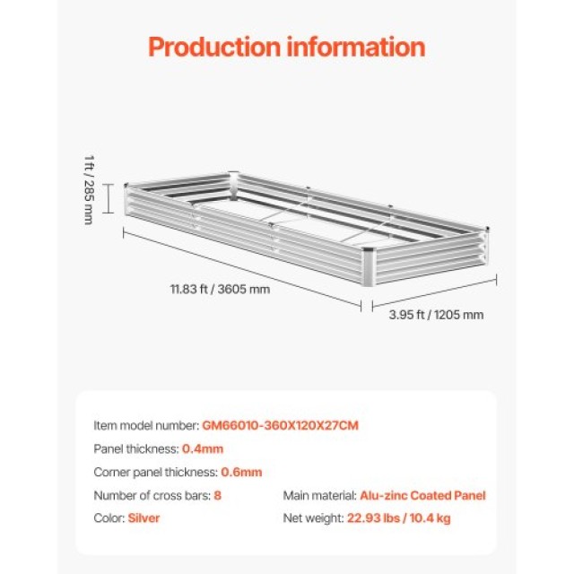 VEVOR Μεταλλικό Υπερυψωμένο Κήπο 12x4x1 πόδια Εξωτερικό Γαλβανισμένο Κουτί Φύτευσης Ασημί JSFXZZCZFXDXNWRELV0
