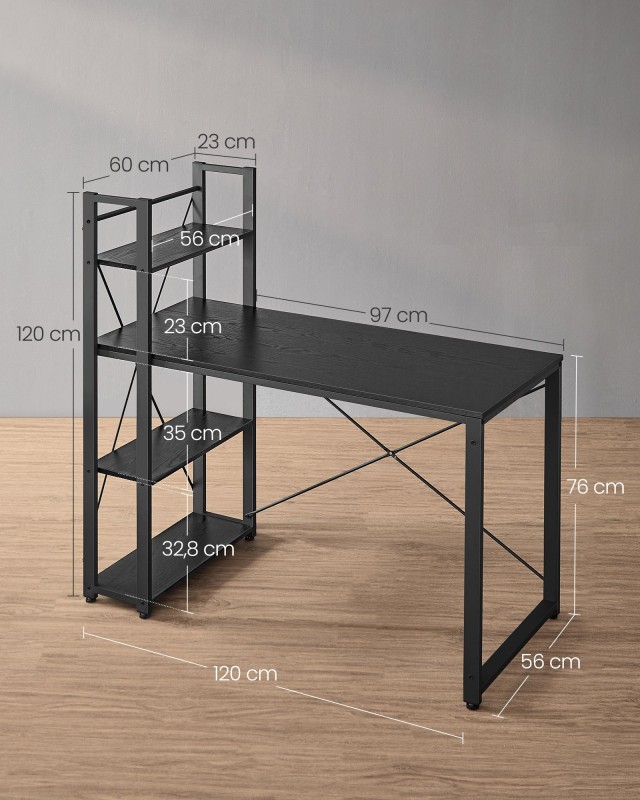 Γραφείο VASAGLE με Ράφια, 120 cm, Ebony Black 