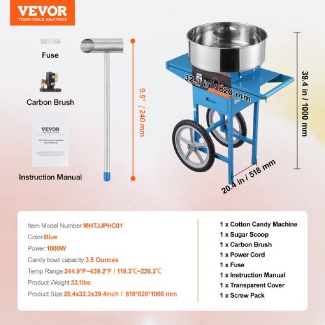 Μηχανή Μαλλιού της Γριάς VEVOR με Καρότσι, 1000W, Μπλε  HCMHTJLSWGZMUYN9UV2