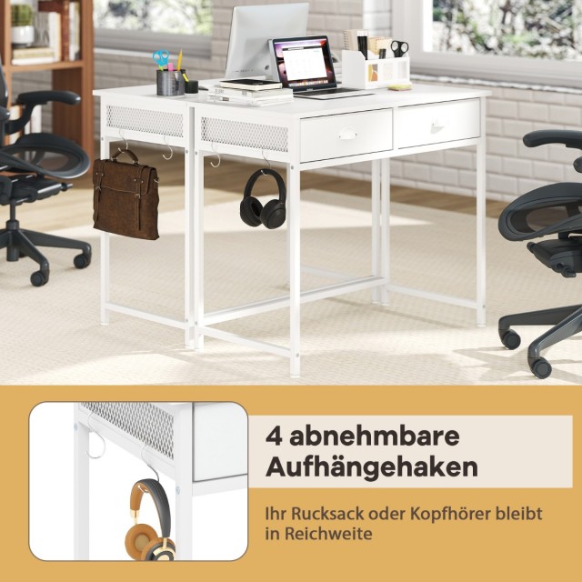 Μικρό Λευκό Γραφείο με 2 Υφασμάτινα Συρτάρια, 4 Γάντζους και Μεταλλ...