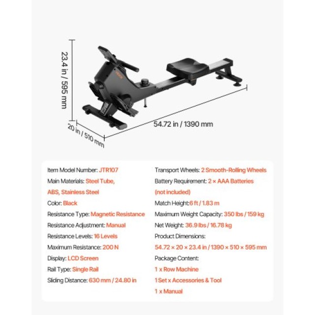 VEVOR Μαγνητική Κωπηλατική Μηχανή, 16 Επίπεδα Αντίστασης, Αναδιπλού...