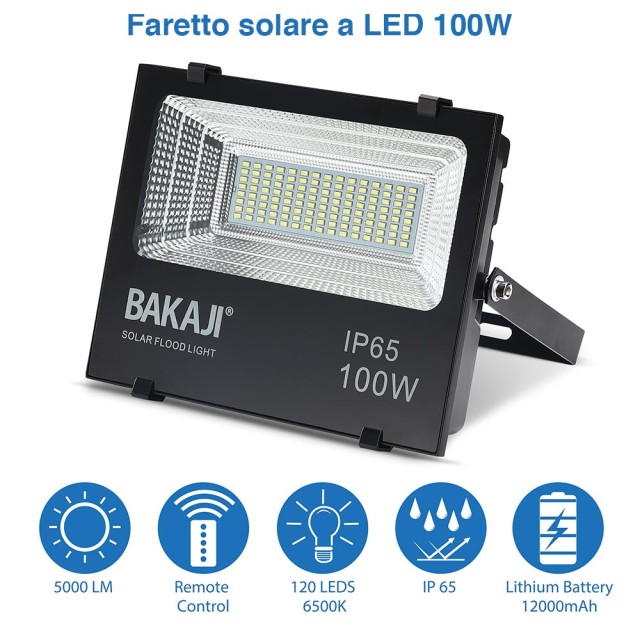 BAKAJI  Φάρο LED 100W Ηλιακός Πάνελ Φως Εξωτερικού Χώρου Υψηλής Φωτεινότητας 1000lm + Τηλεχειριστήριο  02834428