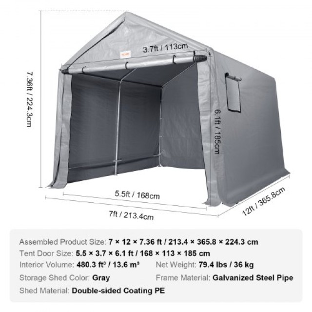 VEVOR Φορητό Καταφύγιο Αποθήκευσης 7x12x7.36ft με Φερμουάρ Πόρτα  TYCWP7FTX12FTTUICV0