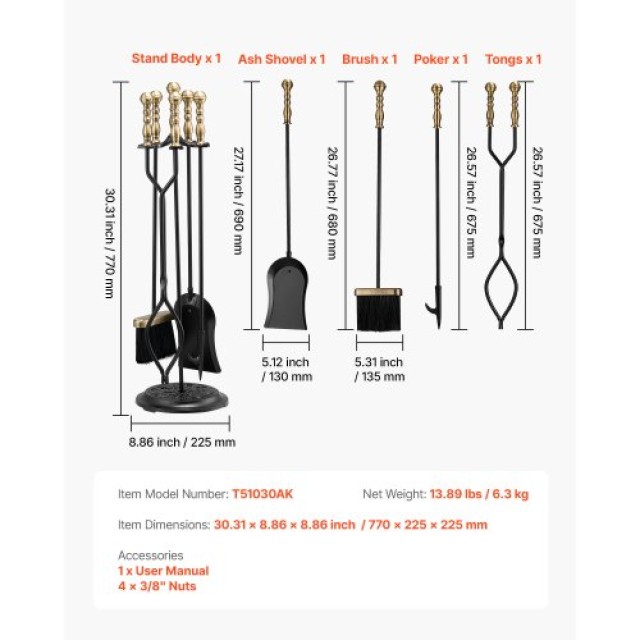 VEVOR Σετ Εργαλείων Τζακιού VEVOR, 5 Τεμαχίων με Βάση, Διαστάσεις 7...