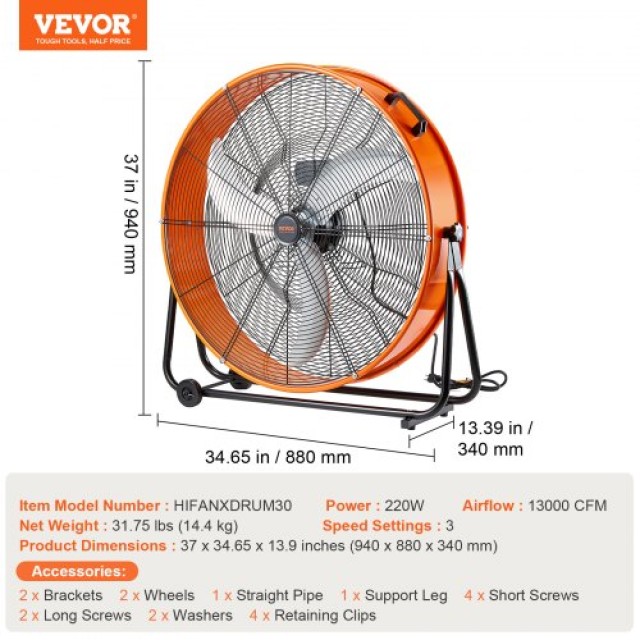 VEVOR  Βιομηχανικός Ανεμιστήρας 30 3-Ταχύτητες 13000CFM Αποθήκης  GYLSFS30YCACB1SPBV2