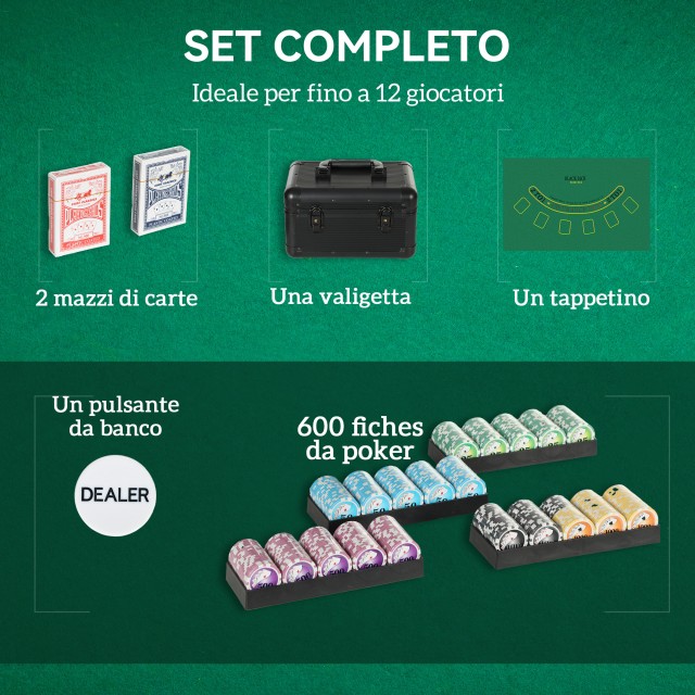 SPORTNOW  Σετ Πόκερ με 600 Μάρκες για 12 Παίκτες με Βαλιτσάκι, 2 Τράπουλες και Τραπεζομάντηλο, Μαύρο  A70-103V00BK