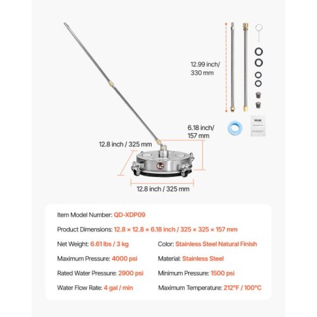 VEVOR Καθαριστής Επιφανειών Πίεσης 14 με Ρόδες 4000 PSI από Ανοξείδ...