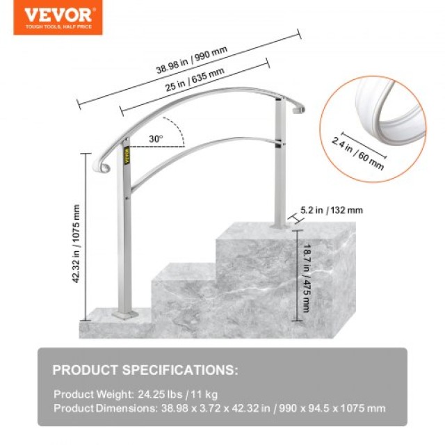 VEVOR 3FT Ρυθμιζόμενο Σιδερένιο Κάγκελο για 3 Σκαλοπάτια Εξωτερικού...