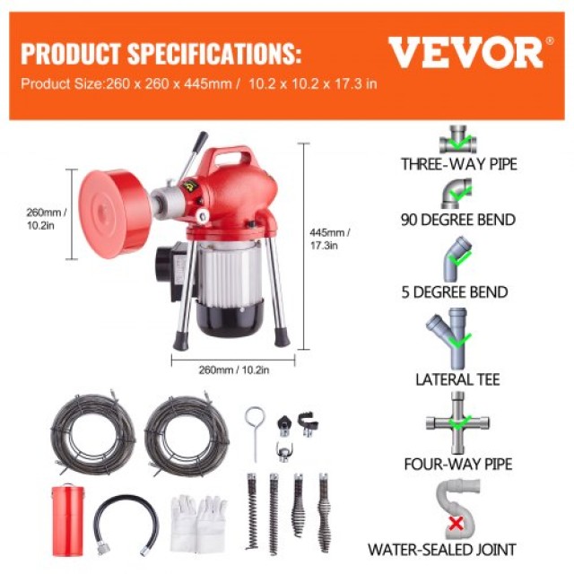 VEVOR Μηχανή Καθαρισμού Αποχέτευσης 36.5μ x 16mm 370W Ελικοειδής Φίδι Χειροκίνητη Τροφοδοσία  XXFDGDSTJ370AYKE2V2