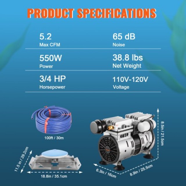 VEVOR Κιτ Αερισμού Λιμνών με Αντλία 3/4 HP, Σωλήνα 100, Διαχυτήρα 10  SXPQJY370W471T196V2