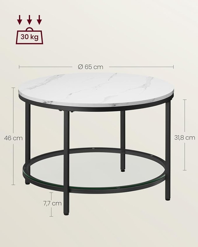 VASAGLE Μοντέρνο Τραπεζάκι Καφέ 65x65x46cm με Μαρμάρινη Όψη και Γυά...