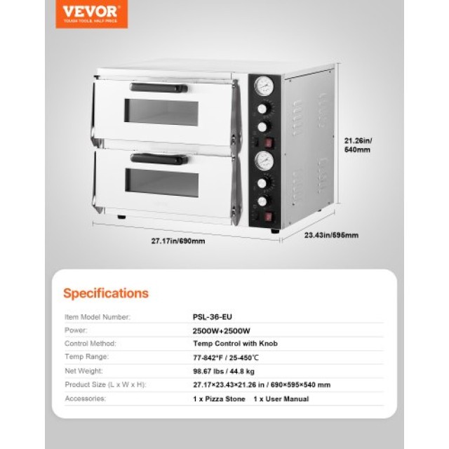 VEVOR Διπλός Ηλεκτρικός Φούρνος Πίτσας 18 με Ανεξάρτητο Έλεγχο Θερμ...