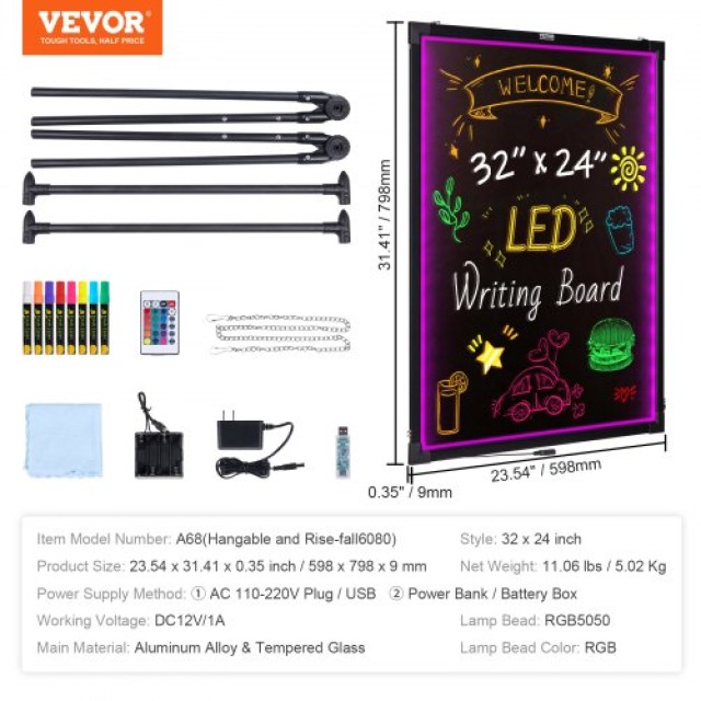Πίνακας Μηνυμάτων LED VEVOR 32x24 Φωτιζόμενος Γράψιμος Πίνακας Κιμω...