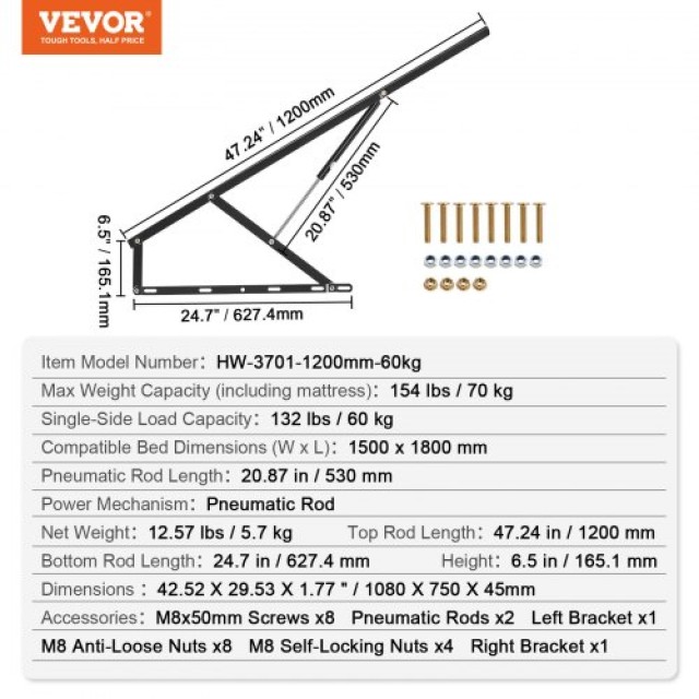 VEVOR  Σετ Ανύψωσης Κρεβατιού 59x71 ιντσών για Φορτίο 154 lbs DIY Π...