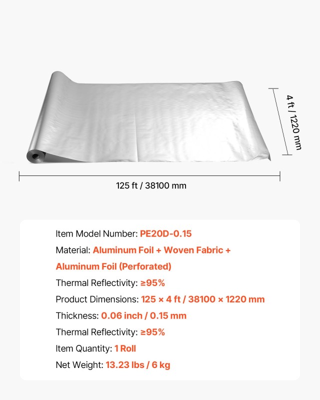VEVOR Διπλής Όψης Ανακλαστική Μόνωση Αλουμινίου, 38.1μ x 1.22μ LBPE...