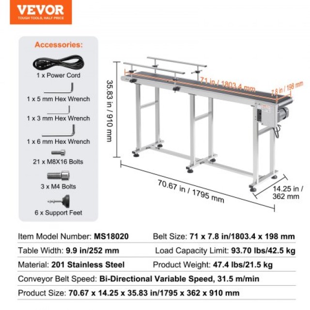 Μεταφορική Ταινία VEVOR 71x7.8, Ανοξείδωτη, Ρυθμιζόμενη Ταχύτητα, Διπλό Κάγκελο  PDSSJ71X78INYBXO3V2