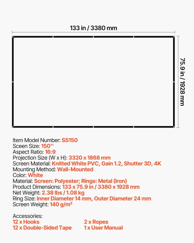 VEVOR Οθόνη Προβολής 4K HD 150 ιντσών, Επιτοίχια με 12 Γάντζους και...