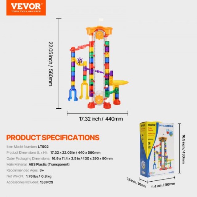 VEVOR Σετ Μαρμάρων 153 Τεμ με Μηχανοκίνητο Ανελκυστήρα Εκπαιδευτικό Δώρο για Παιδιά DZYXTZBTMCSS5D71TV9