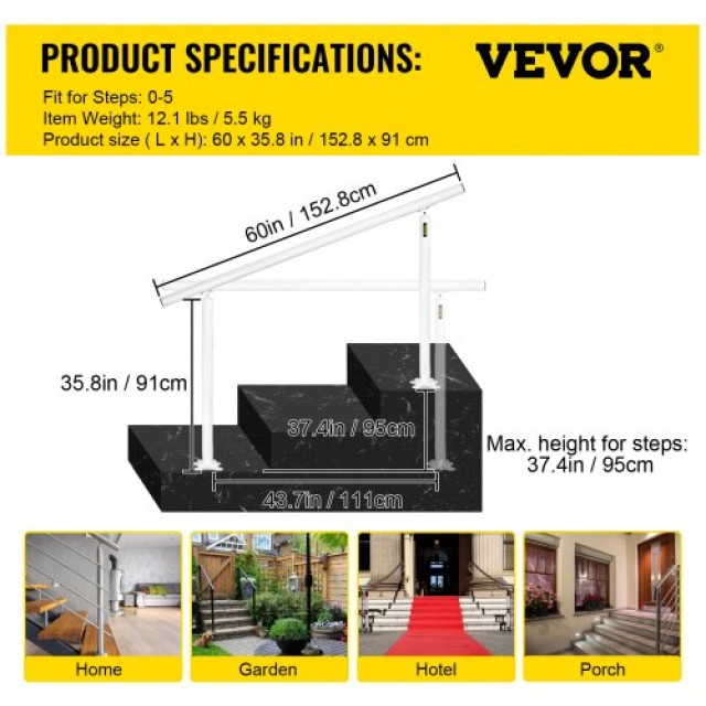Κιτ Κάγκελου Σκάλας VEVOR, 5 FT Χειρολισθήρας για 0-5 Σκαλοπάτια, Ρυθμιζόμενη Γωνία Λευκό Αλουμίνιο  SNLZSLZYGL5FTPDUBV0