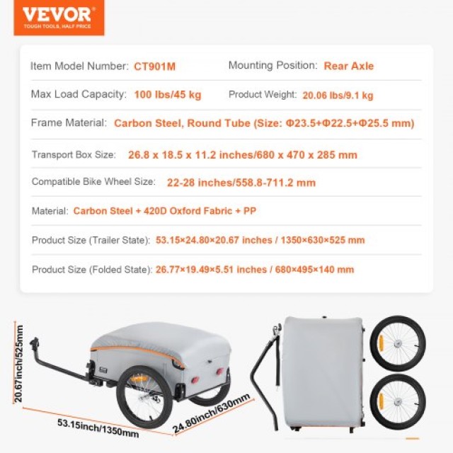 VEVOR Τρέιλερ Ποδηλάτου, 45kg Φορτίο, Αναδιπλούμενο, Αδιάβροχο, 16 ...