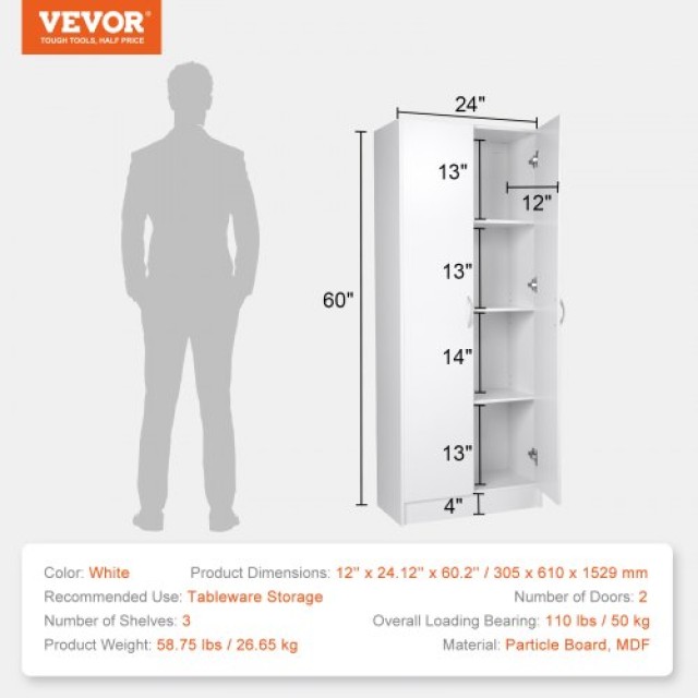 Ντουλάπα Κουζίνας VEVOR 60, 110LBS, 3 Ράφια (2 Ρυθμιζόμενα), Ξύλο Μ...