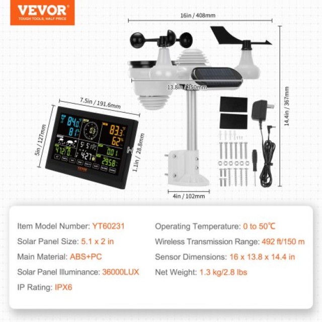 Ασύρματος Μετεωρολογικός Σταθμός VEVOR 7-σε-1 με Έγχρωμη Οθόνη 7.5, για Θερμοκρασία, Υγρασία, Άνεμο, Βροχή, UV  TYNQXZ75VAAA7QJQSV2