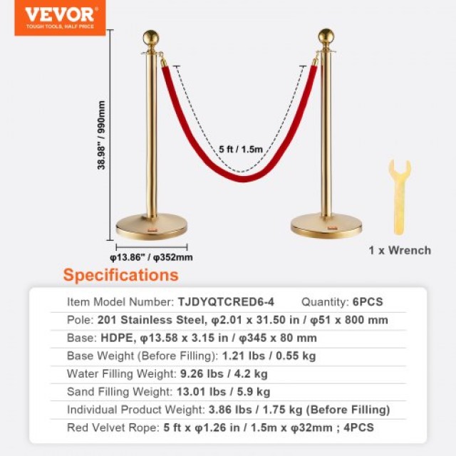 Σετ 6 Διαχωριστικών VEVOR με Κόκκινο Βελούδινο Σχοινί για Εκδηλώσει...