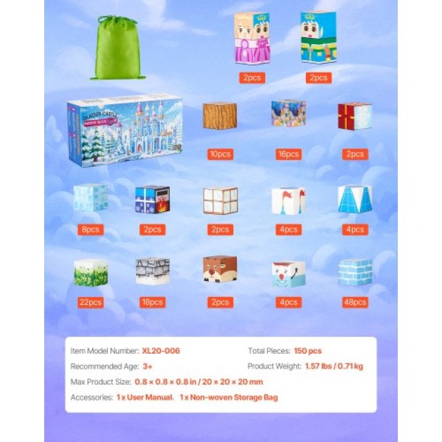 VEVOR Μαγνητικά Τουβλάκια 150 PCS Σετ Κάστρου Glacier STEM Μοντεσσό...