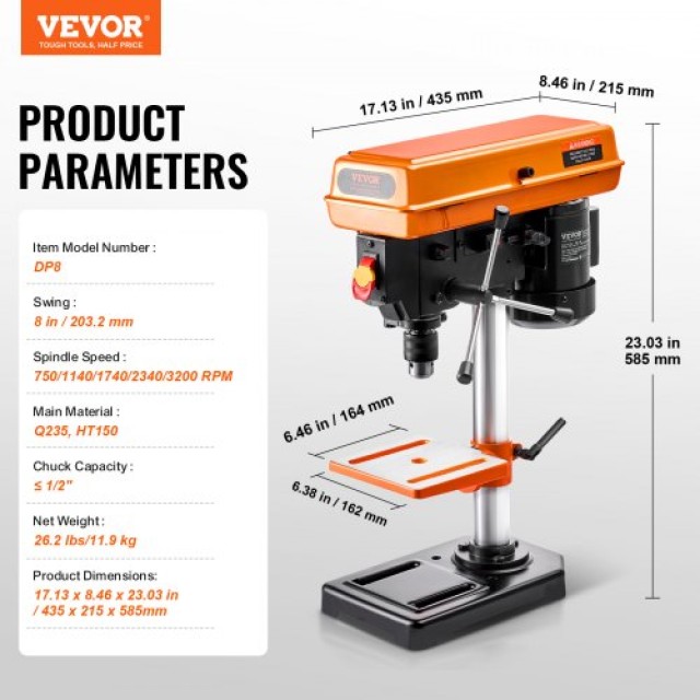 VEVOR Επιτραπέζιο Δράπανο 203.2 mm, 550-2500 RPM  TSZC23A5D800191DHV2