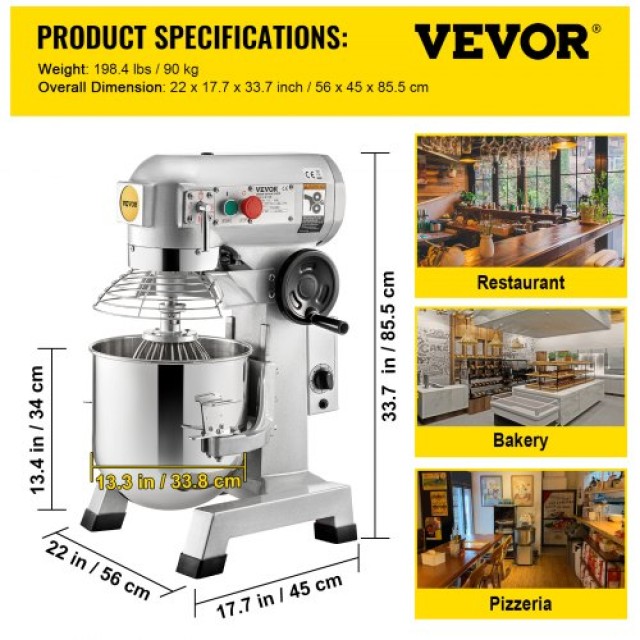 Επαγγελματικό Μίξερ VEVOR 30Qt, 1500W, 3 Ταχύτητες, Ανοξείδωτος Κάδος  DDSYJ30QT220VG0HFV2