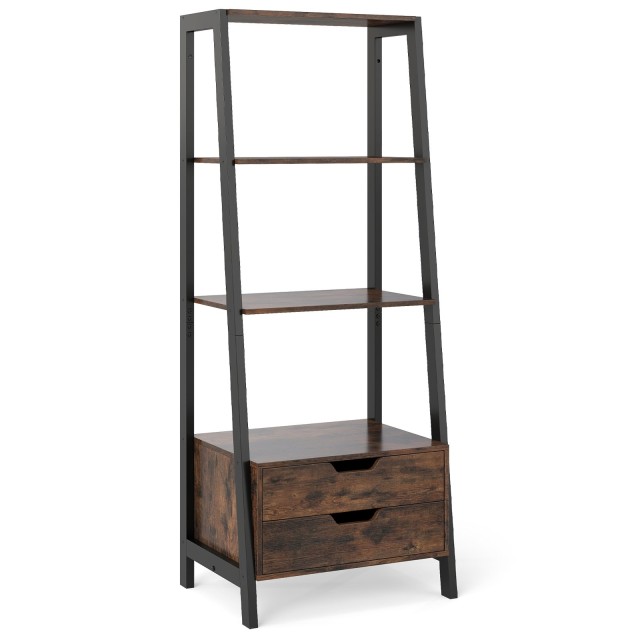 Costway Καφέ Ελεύθερη Σκάλα Ράφι 134cm με 4 Ανοιχτά Ράφια και 2 Συρ...