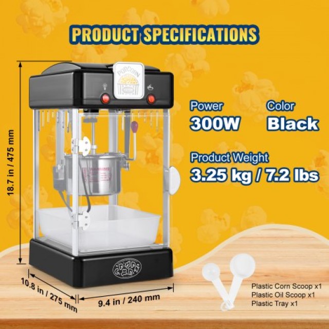 VEVOR  Μηχανή Ποπκόρν Επιτραπέζια 300W 2.5 Oz Μαύρη TSBMHJHS25OZ2NI...